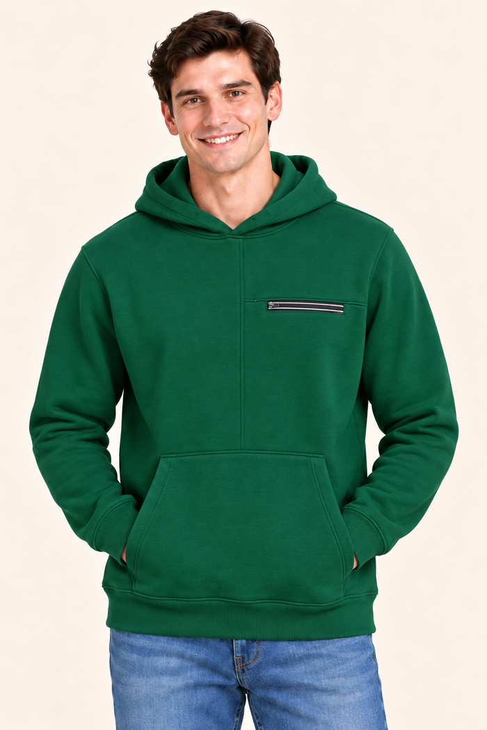 Men’s Bottle Green Cotton Brushed Fleece Hooded Sweatshirt – Regular Fit