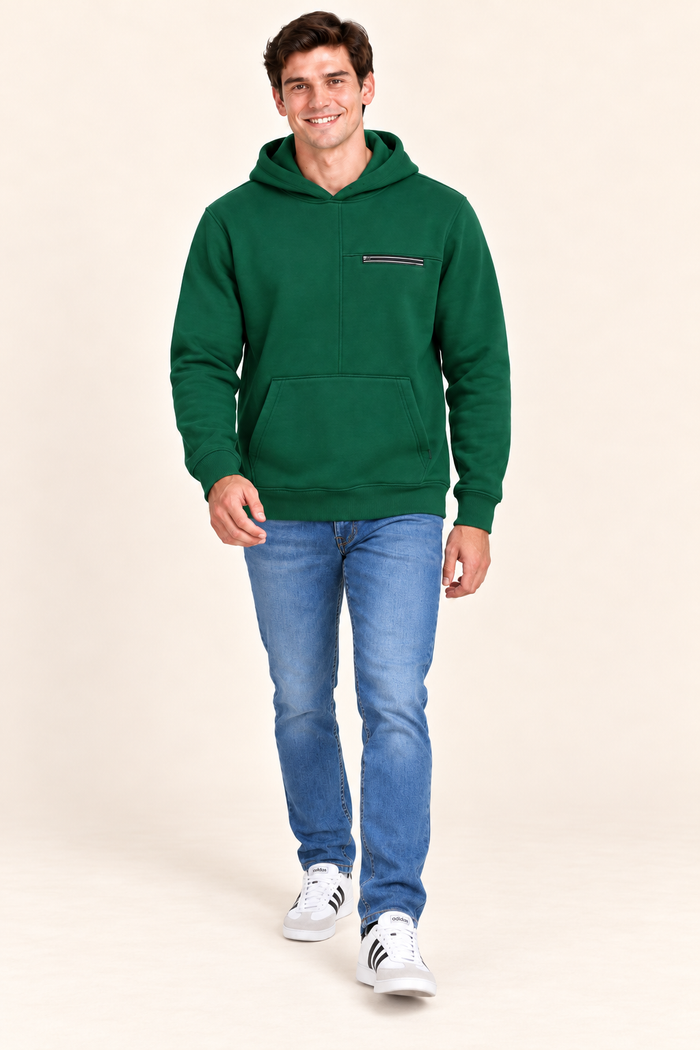 Men’s Bottle Green Cotton Brushed Fleece Hooded Sweatshirt – Regular Fit