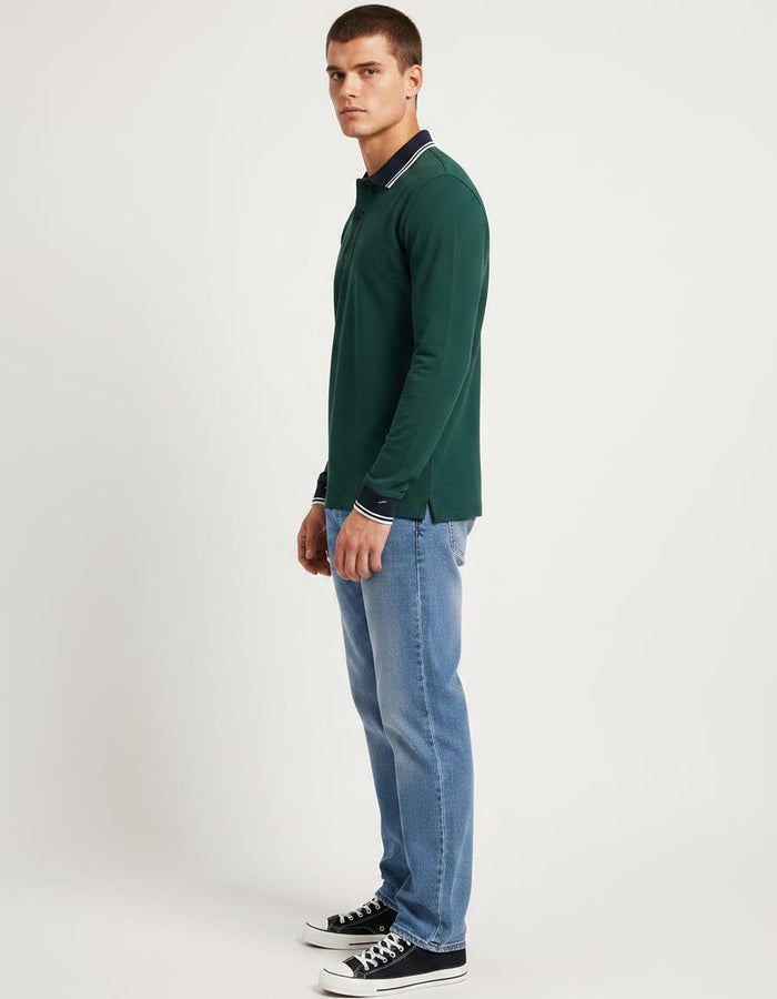 Men’s Bottle Green Full Sleeve Polo T-Shirt | Cotton Blend Lycra Stretch