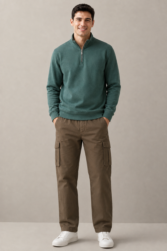Men’s Bottle Green Suede Half-Zip Winter Sweatshirt