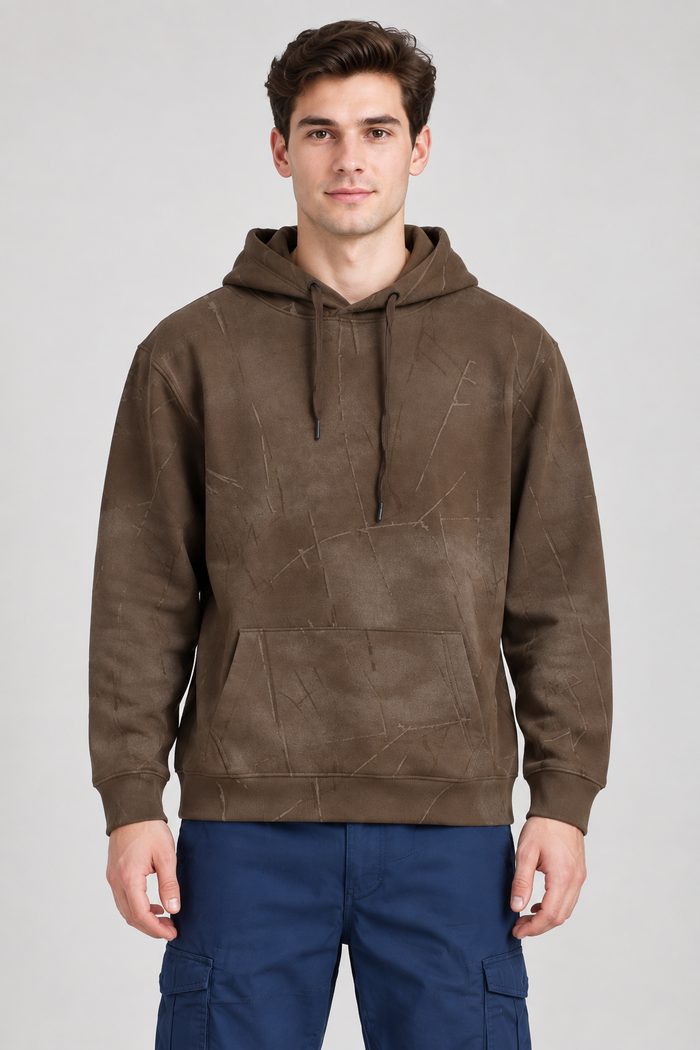 Men’s Brown Cotton Blend Hooded Sweatshirt – Regular Fit Pullover Hoodie