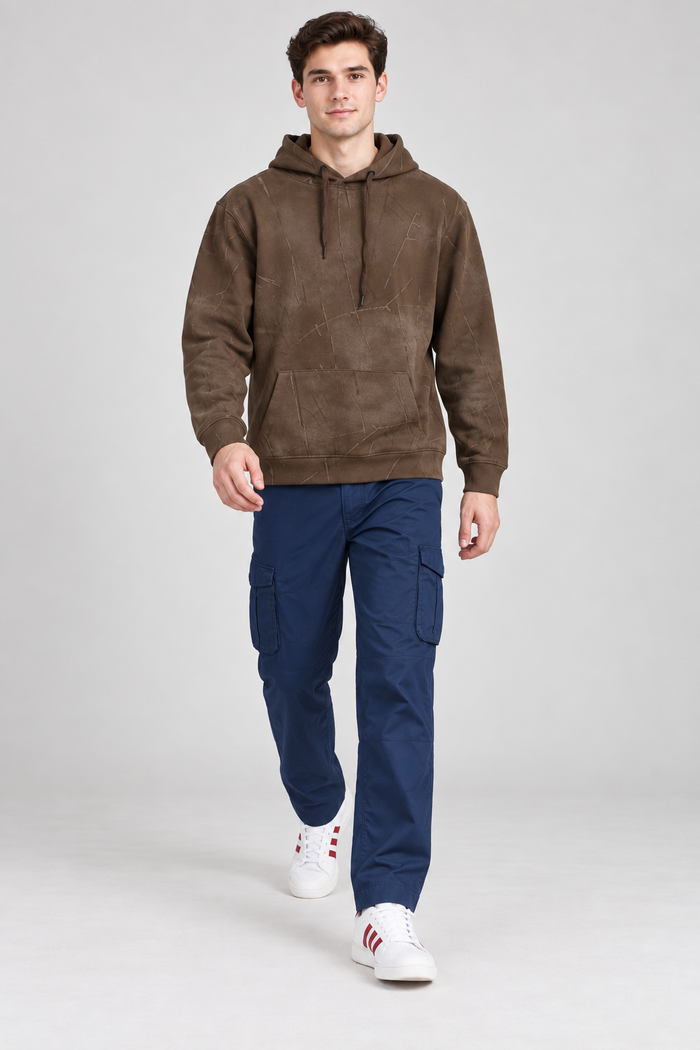 Men’s Brown Cotton Blend Hooded Sweatshirt – Regular Fit Pullover Hoodie