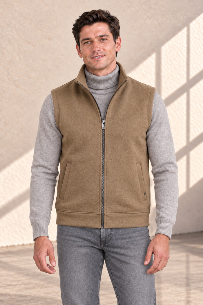 Men’s Brown Melange German Velvet Knitted Gilet – Regular Fit Full Zip Sleeveless Jacket