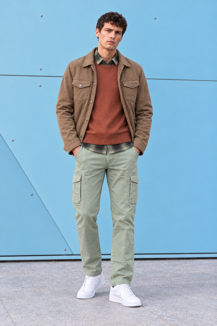 Men’s Cocoa Knit Suede Trucker Jacket – Regular Fit Button-Front Casual Jacket