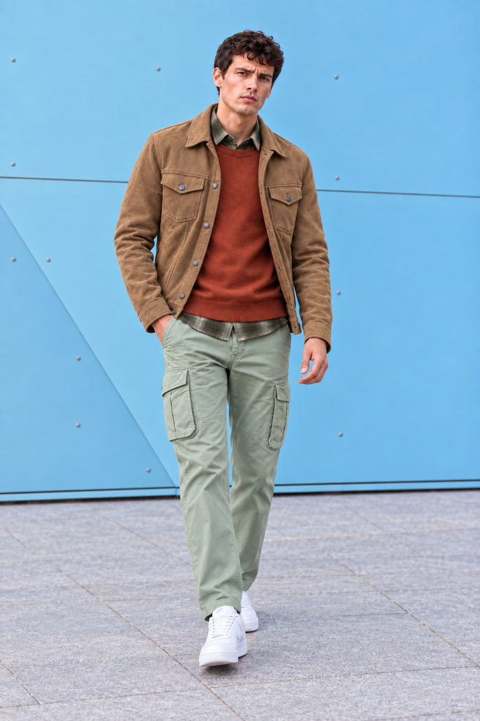 Men’s Cocoa Knit Suede Trucker Jacket – Regular Fit Button-Front Casual Jacket