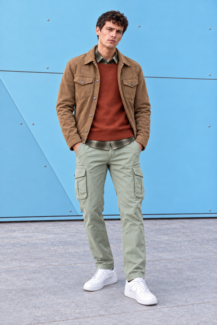 Men’s Cocoa Knit Suede Trucker Jacket – Regular Fit Button-Front Casual Jacket