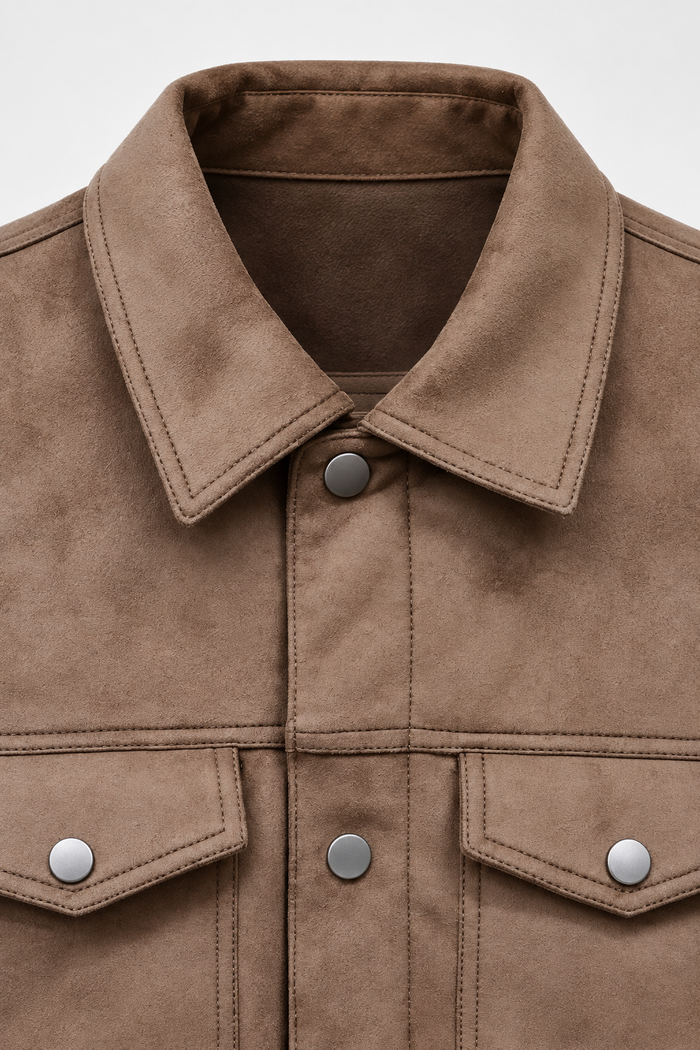Men’s Cocoa Knit Suede Trucker Jacket – Regular Fit Button-Front Casual Jacket