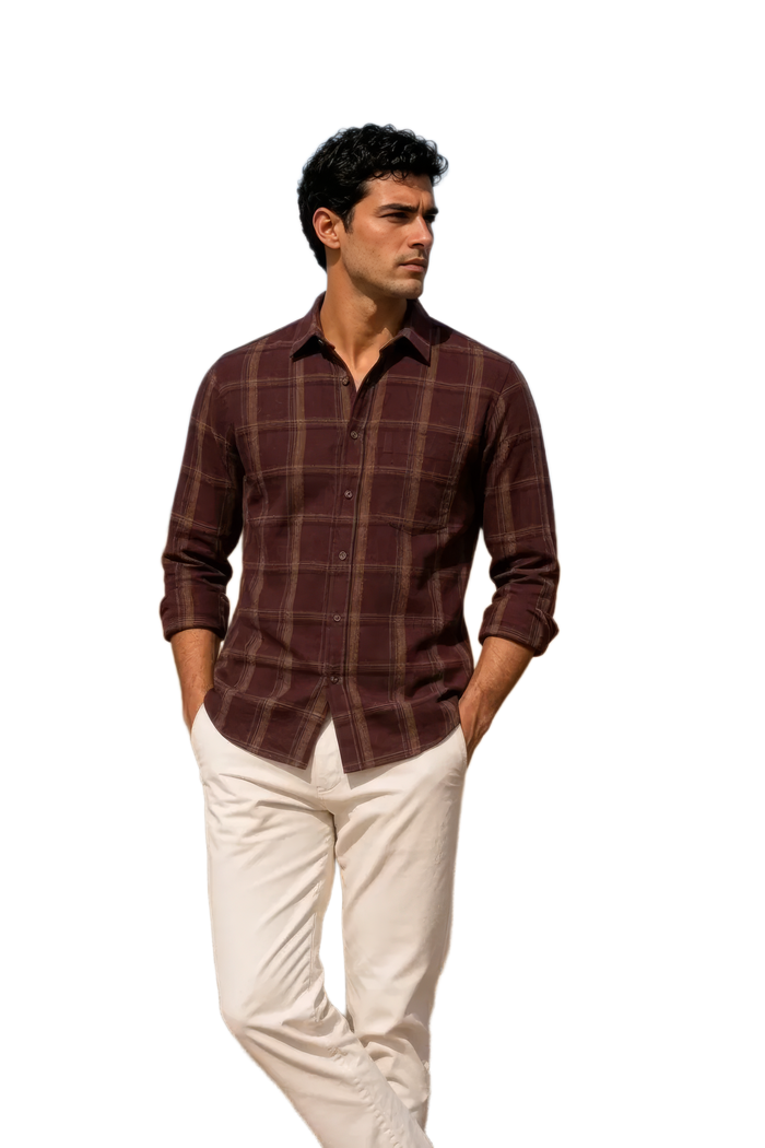 Men’s Coffee Check Cotton Corduroy Full Sleeve Shirt