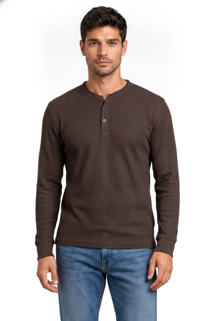 Men’s Coffee Cotton Blended Seersucker Full Sleeve Mandarin Collar T-Shirt