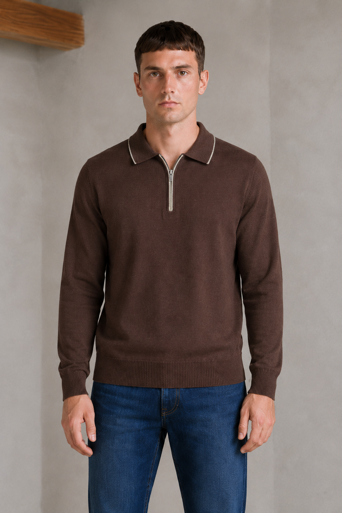 Men’s Coffee Half-Zip Polo Collar Sweater – Regular Fit Full Sleeve Winter Pullover