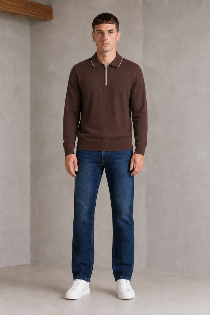 Men’s Coffee Half-Zip Polo Collar Sweater – Regular Fit Full Sleeve Winter Pullover