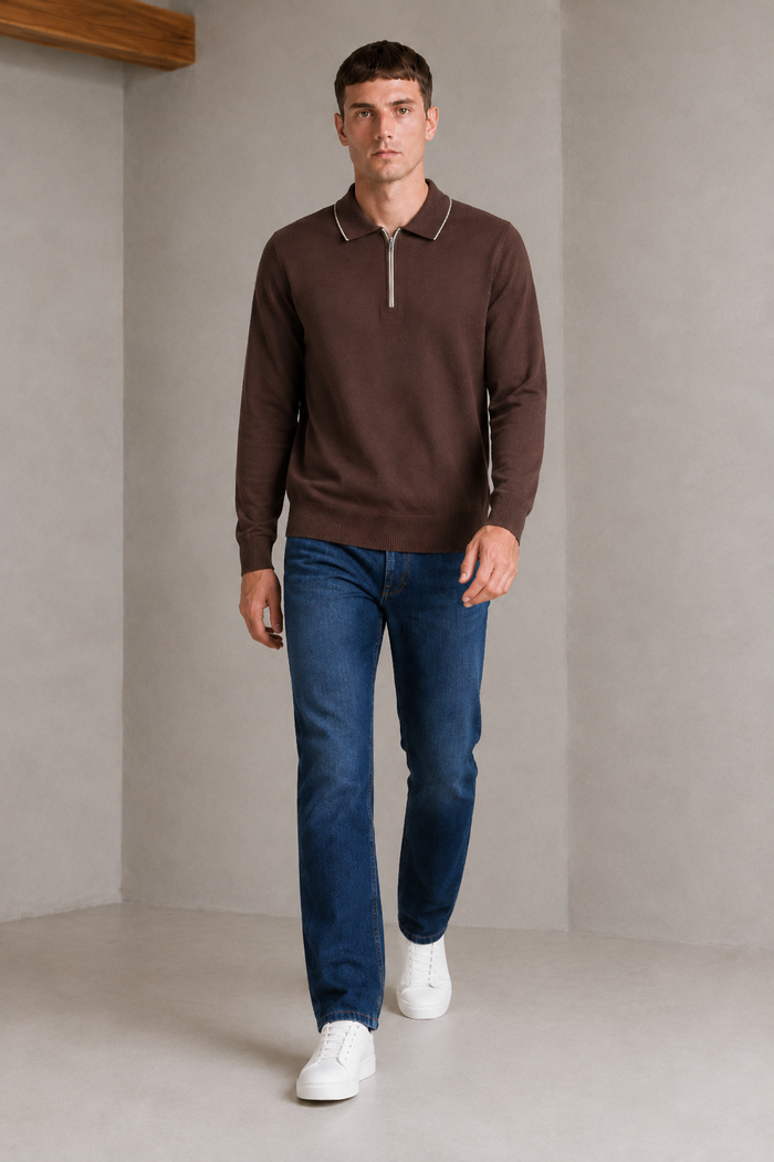 Men’s Coffee Half-Zip Polo Collar Sweater – Regular Fit Full Sleeve Winter Pullover