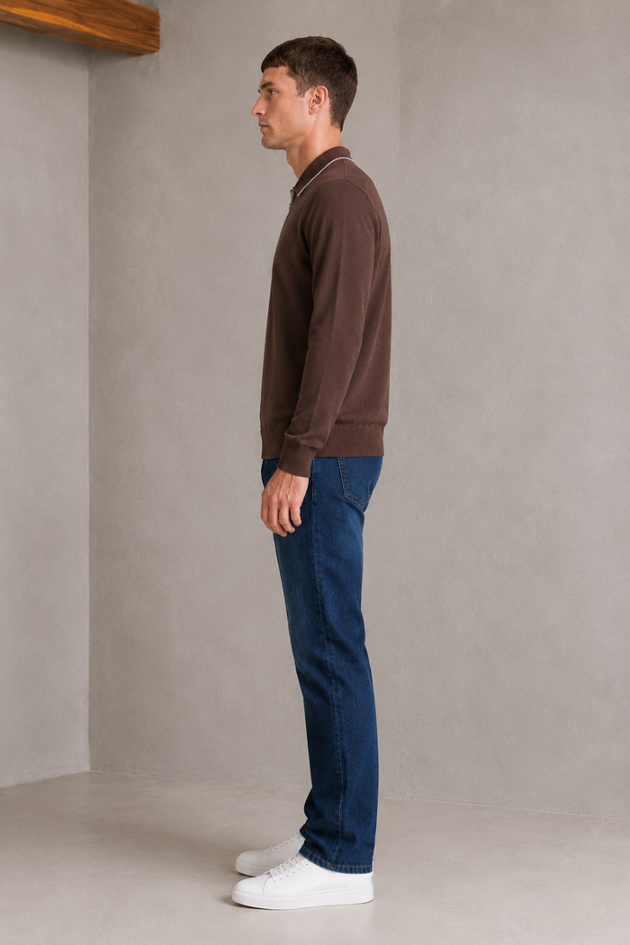 Men’s Coffee Half-Zip Polo Collar Sweater – Regular Fit Full Sleeve Winter Pullover