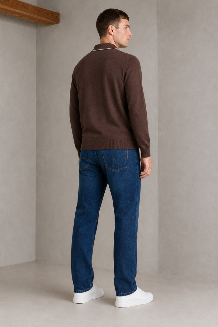Men’s Coffee Half-Zip Polo Collar Sweater – Regular Fit Full Sleeve Winter Pullover