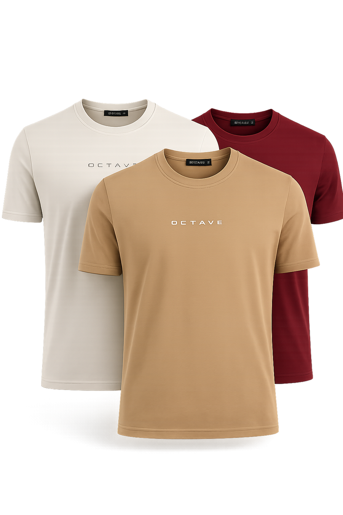 Men’s Crew Neck T-Shirt Pack of 3 (Pristine, Oak Buff & Merlot) | Combo 2