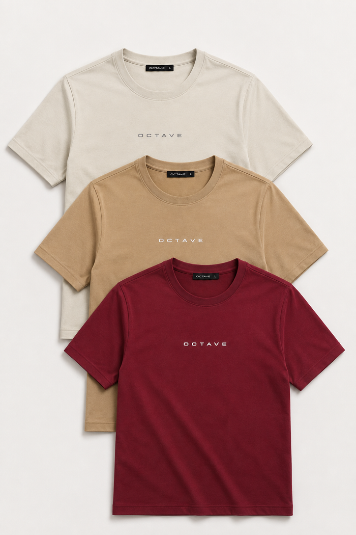 Men’s Crew Neck T-Shirt Pack of 3 (Pristine, Oak Buff & Merlot) | Combo 2