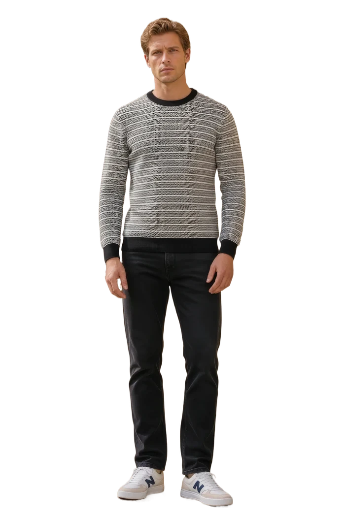 Men’s Dark Navy Jacquard Cotton Round-Neck Full-Sleeve Winter Sweater
