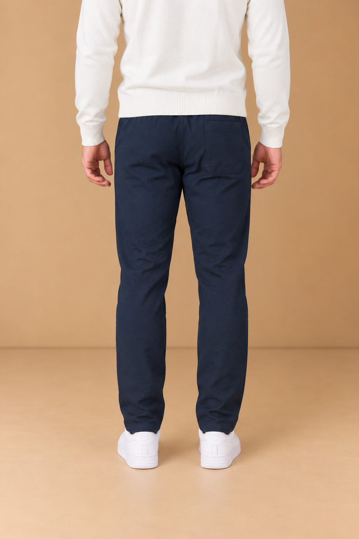 Men’s Dark Navy Seersucker Knitted Lower – Regular Fit Textured Casual Trousers