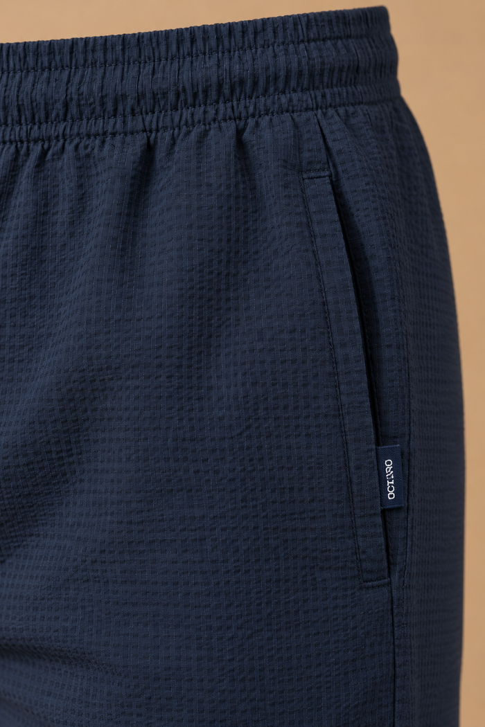Men’s Dark Navy Seersucker Knitted Lower – Regular Fit Textured Casual Trousers