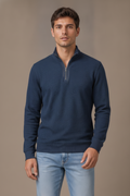 Men’s Dark Navy Standing Collar Half Zipper Sweatshirt - Brushed Seer Sucker Fabric
