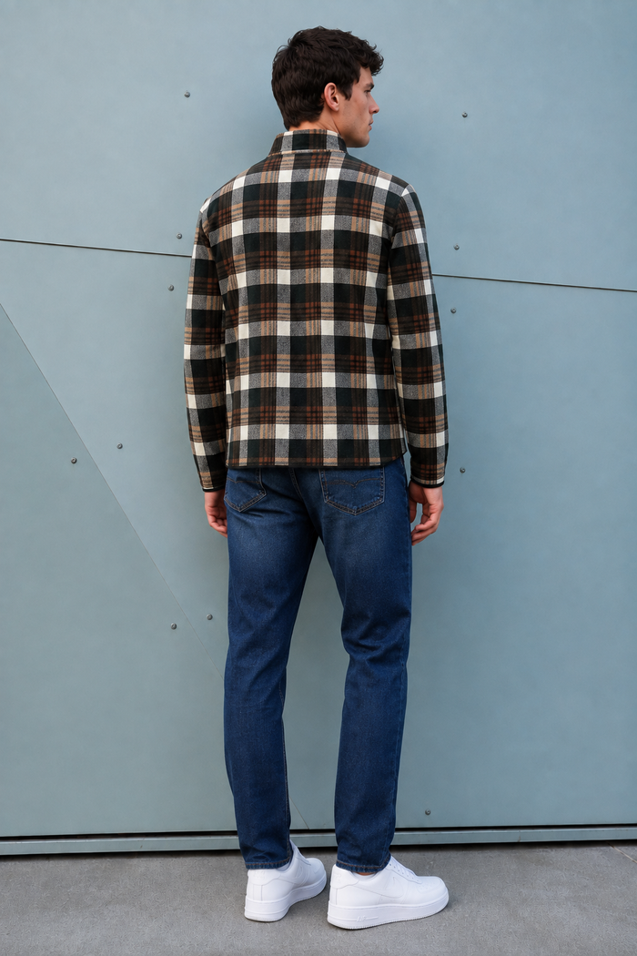 Men’s Dark Olive Coral Bonded Check Sweatshirt – Regular Fit Half-Zip Winter Pullover