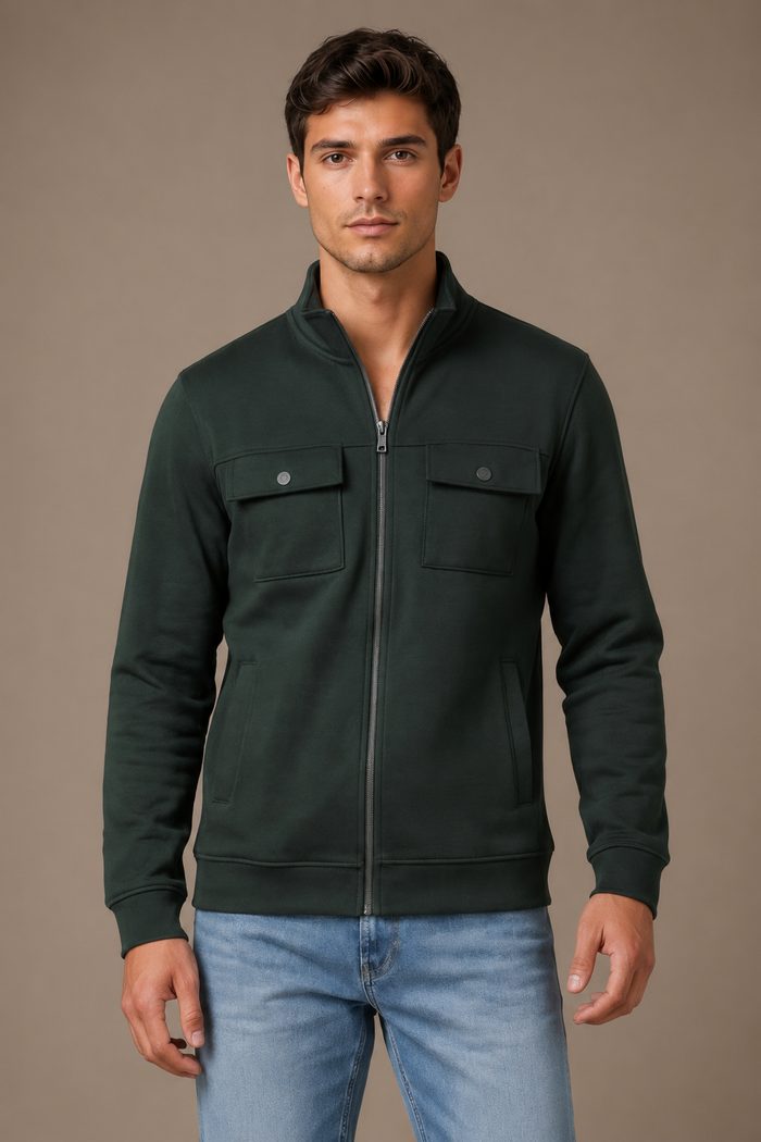 Men’s Dark Olive Full Zip with Stand Collar & Utility Pockets