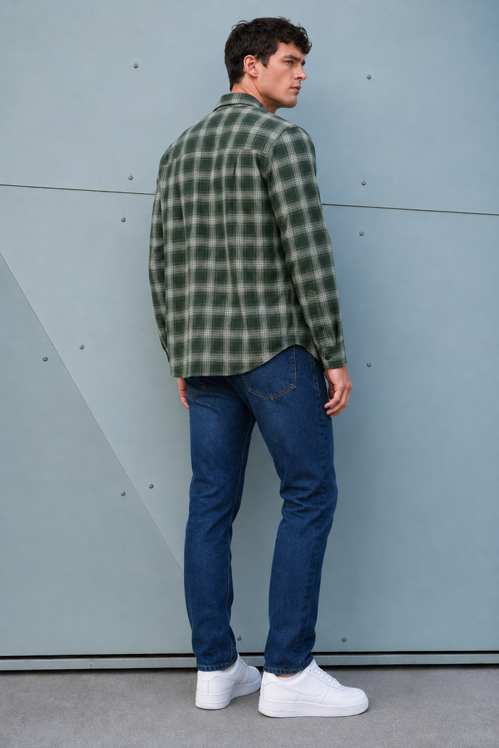 Men’s Dark Olive Oxford Check Full Sleeve Shirt | Regular Fit Checked