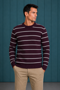 Men’s Dark Wine Cotton Striped Sweater – Regular Fit Crew Neck Full Sleeve Knitted Pullover