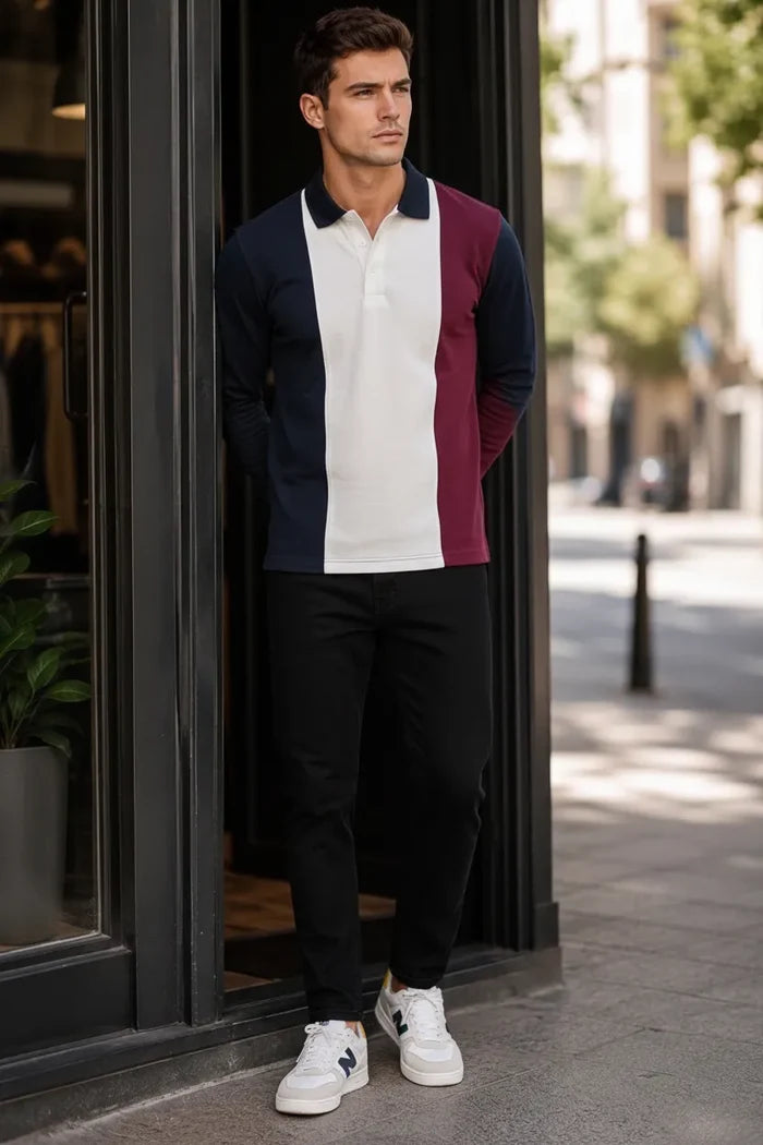 Men’s Deep Merlot Colourblock Cotton Pique Polo Full-Sleeve Winter T-Shirt
