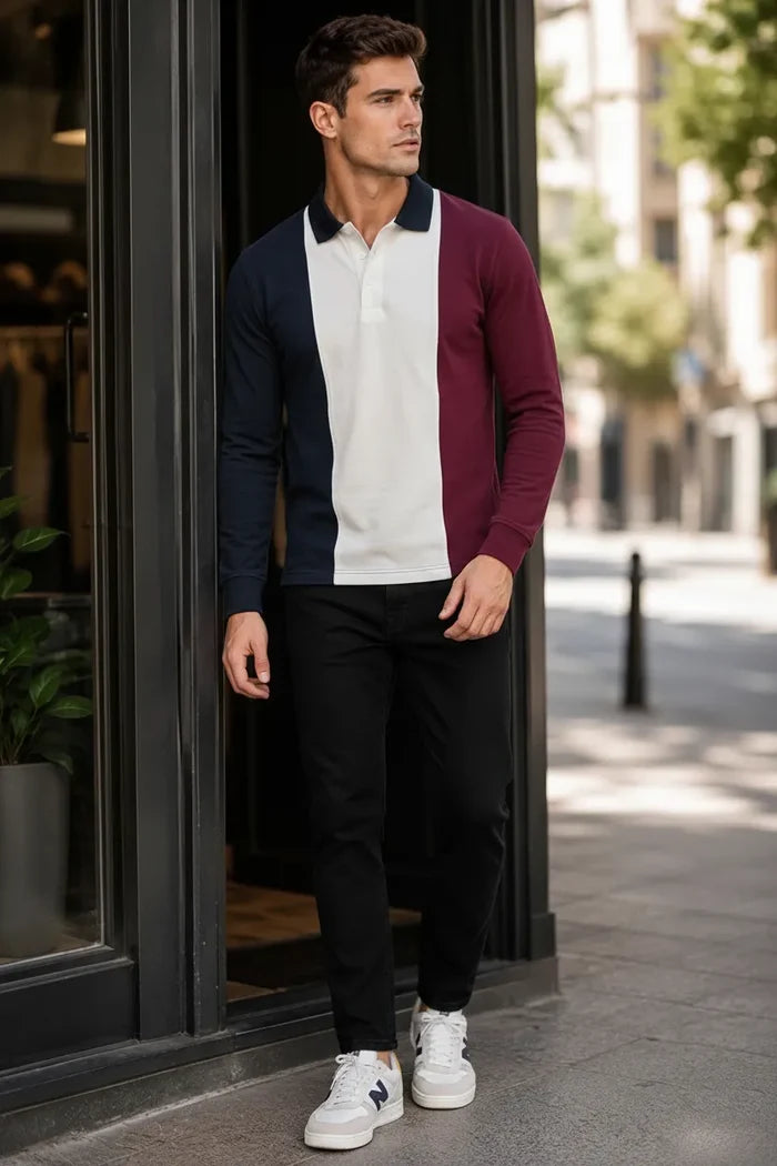 Men’s Deep Merlot Colourblock Cotton Pique Polo Full-Sleeve Winter T-Shirt