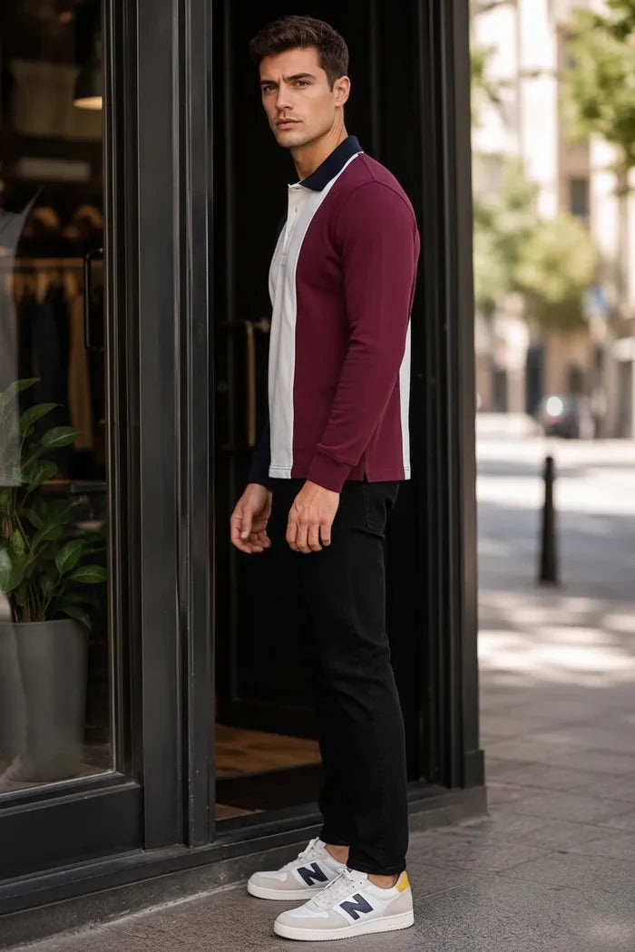 Men’s Deep Merlot Colourblock Cotton Pique Polo Full-Sleeve Winter T-Shirt