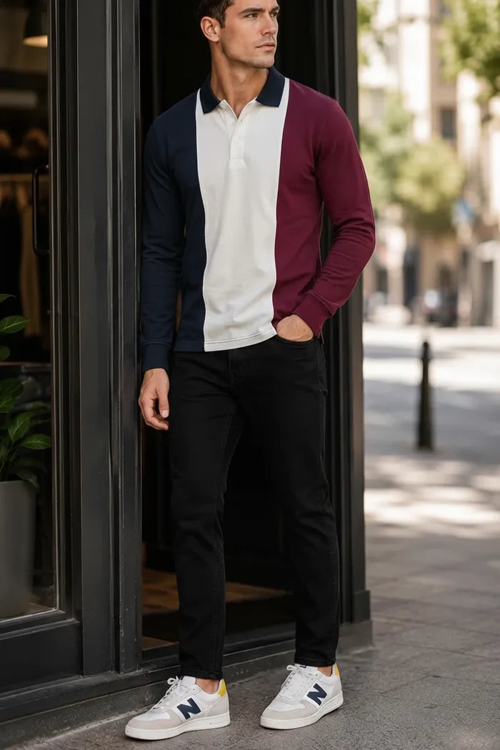 Men’s Deep Merlot Colourblock Cotton Pique Polo Full-Sleeve Winter T-Shirt
