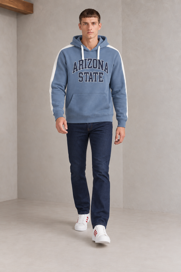 Men’s Denim Blue Cotton Brushed Fleece Hooded Sweatshirt – Regular Fit