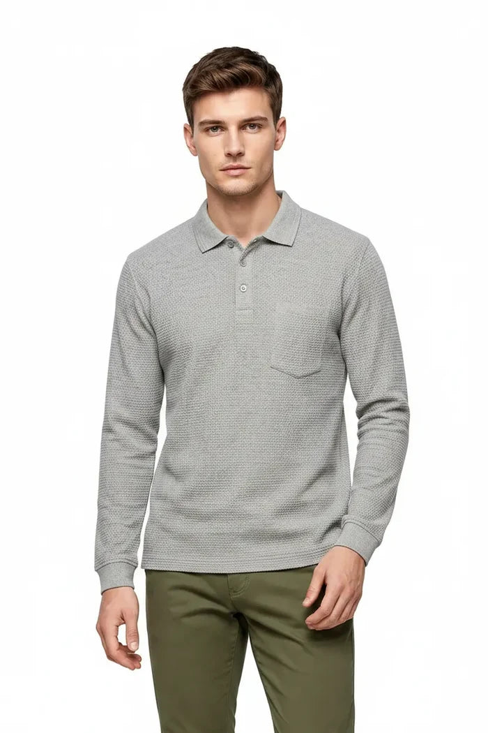 Men's Espresso Brown Structured Cotton Full Sleeve Polo T-Shirt | Waffle Textured Pre-Winter