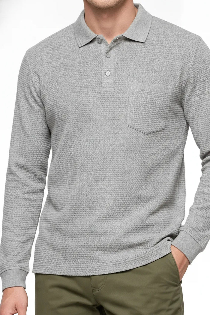 Men's Espresso Brown Structured Cotton Full Sleeve Polo T-Shirt | Waffle Textured Pre-Winter