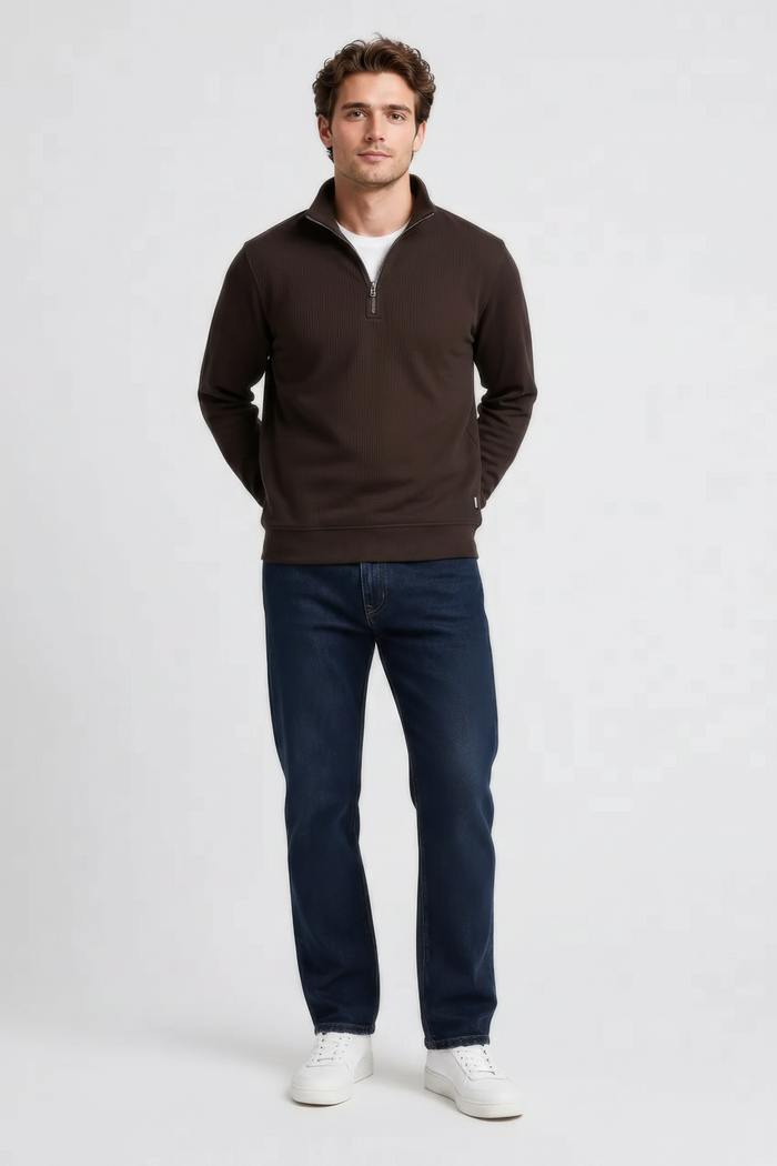Men’s Espresso Brushed Seersucker Half Zip Sweatshirt with Standing Collar