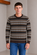 Men’s Espresso Cotton Jacquard Sweater – Regular Fit Geometric Crew Neck Knitted Pullover