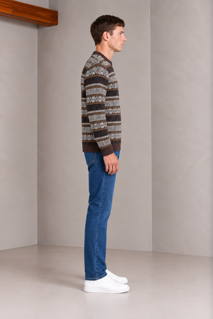 Men’s Espresso Cotton Jacquard Sweater – Regular Fit Geometric Crew Neck Knitted Pullover