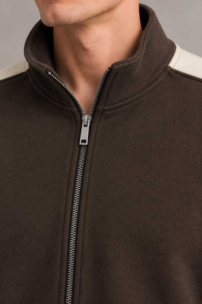 Men’s Espresso German Velvet Full-Zip Sweatshirt – Regular Fit Stand Collar Winter Sweatshirt