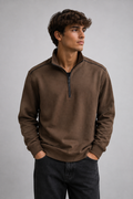 Men’s Espresso Knitted Suede Half-Zip Sweatshirt – Regular Fit Full Sleeve Winter Pullover