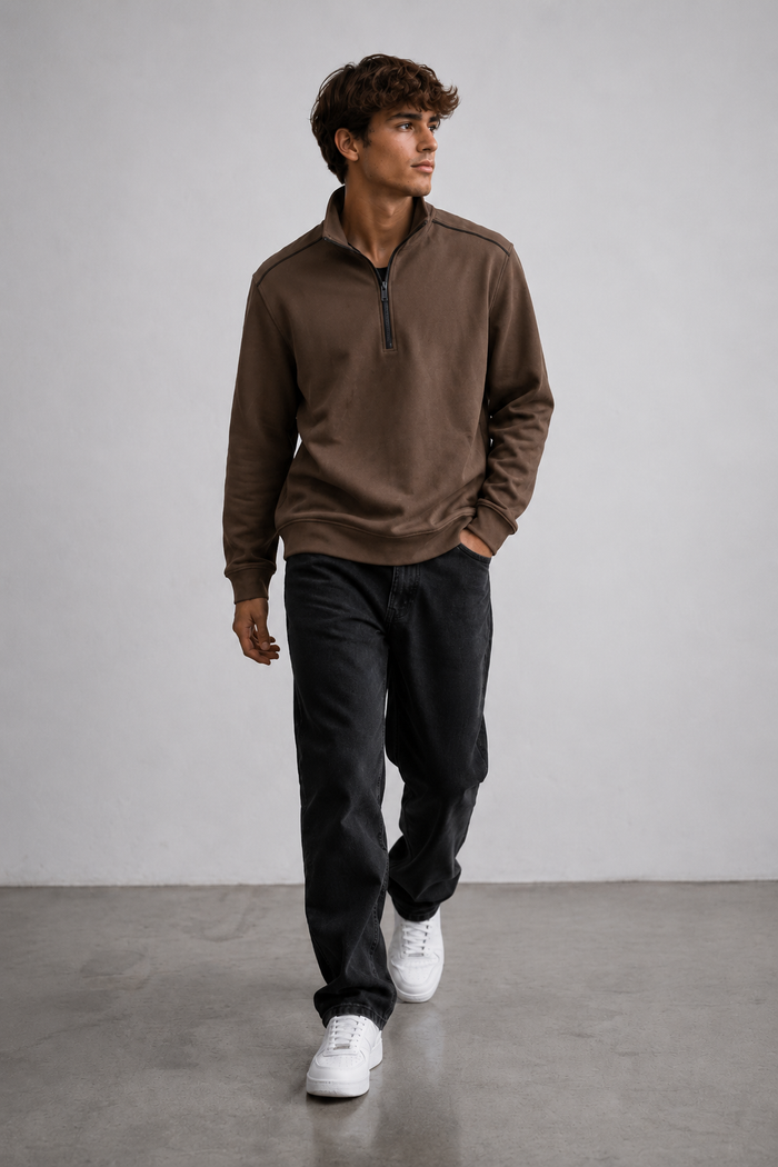 Men’s Espresso Knitted Suede Half-Zip Sweatshirt – Regular Fit Full Sleeve Winter Pullover