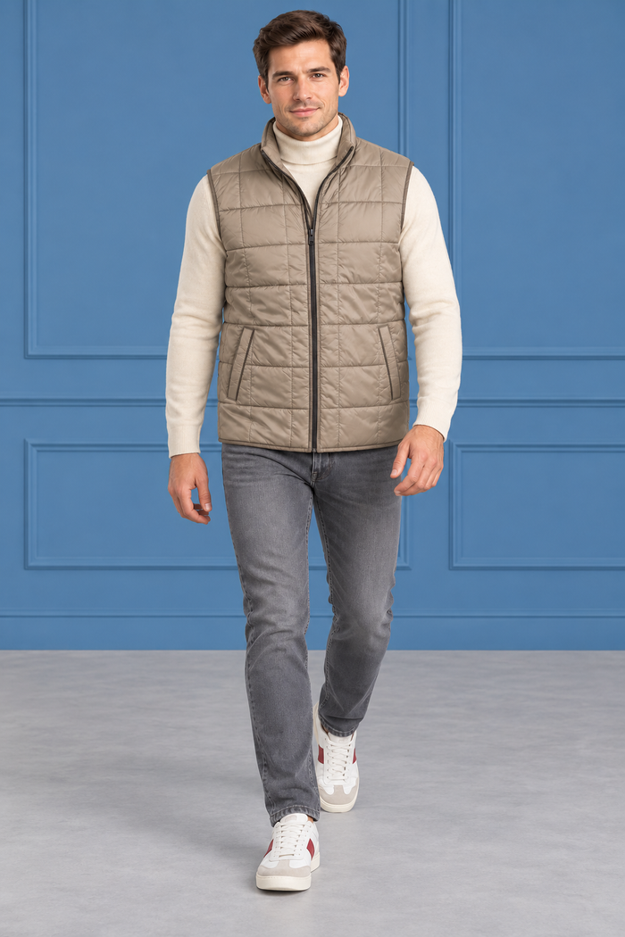 Men’s Espresso Lightweight Reversible Woven Puffer Gilet – Regular Fit Sleeveless Jacket