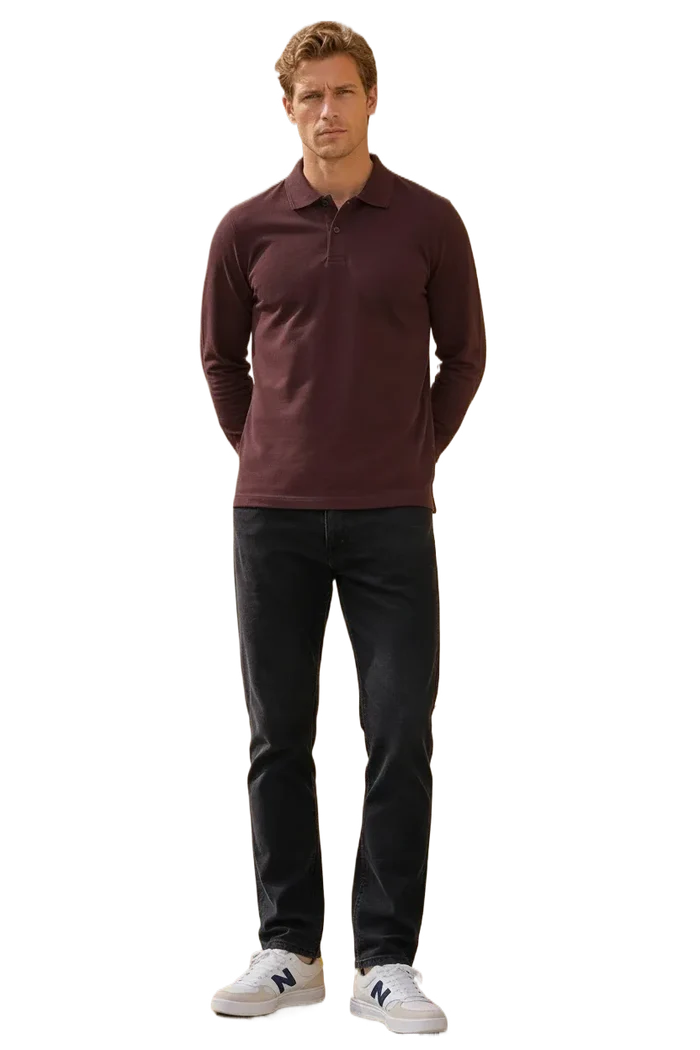 Men’s Espresso Pique Lycra Polo Neck Full-Sleeve Winter T-Shirt