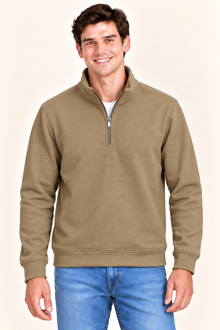 Men’s Fawn Blended Cotton Quarter-Zip Sweatshirt – Regular Fit Textured Winter Sweatshirt