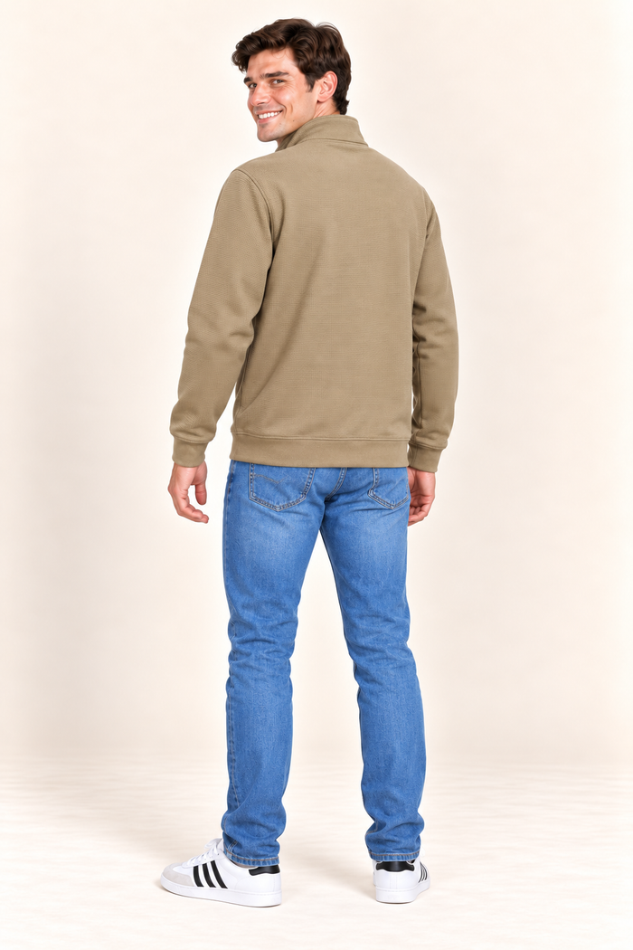 Men’s Fawn Blended Cotton Quarter-Zip Sweatshirt – Regular Fit Textured Winter Sweatshirt
