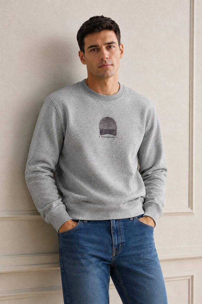 Men’s Grey Melange Cotton Fleece Full Sleeve Winter Sweatshirt | Round Neck Graphic