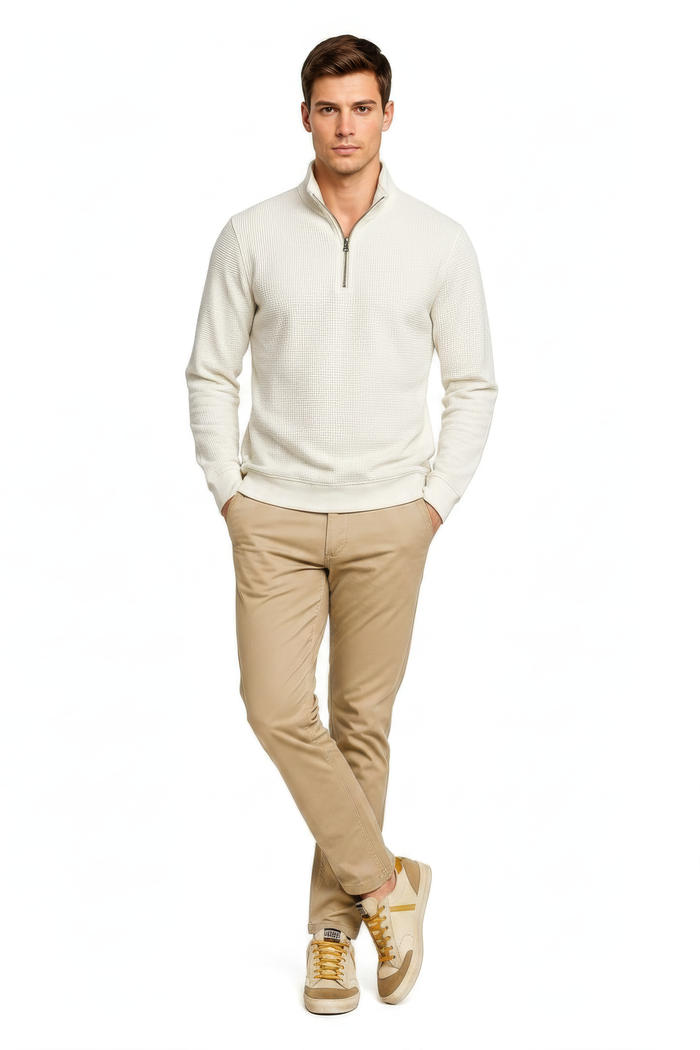 Men’s Off-White Half-Zip Sweatshirt in Brushed Seersucker Fabric