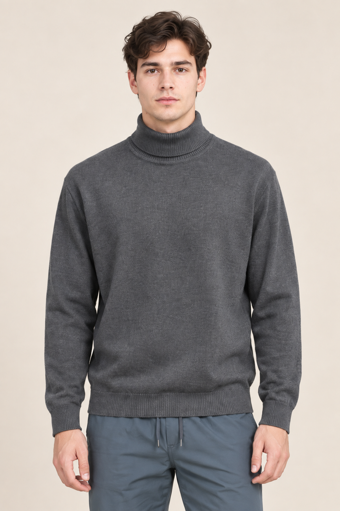 Men’s Heather Cotton Turtleneck Sweater – Regular Fit Full Sleeve Knitted Pullover