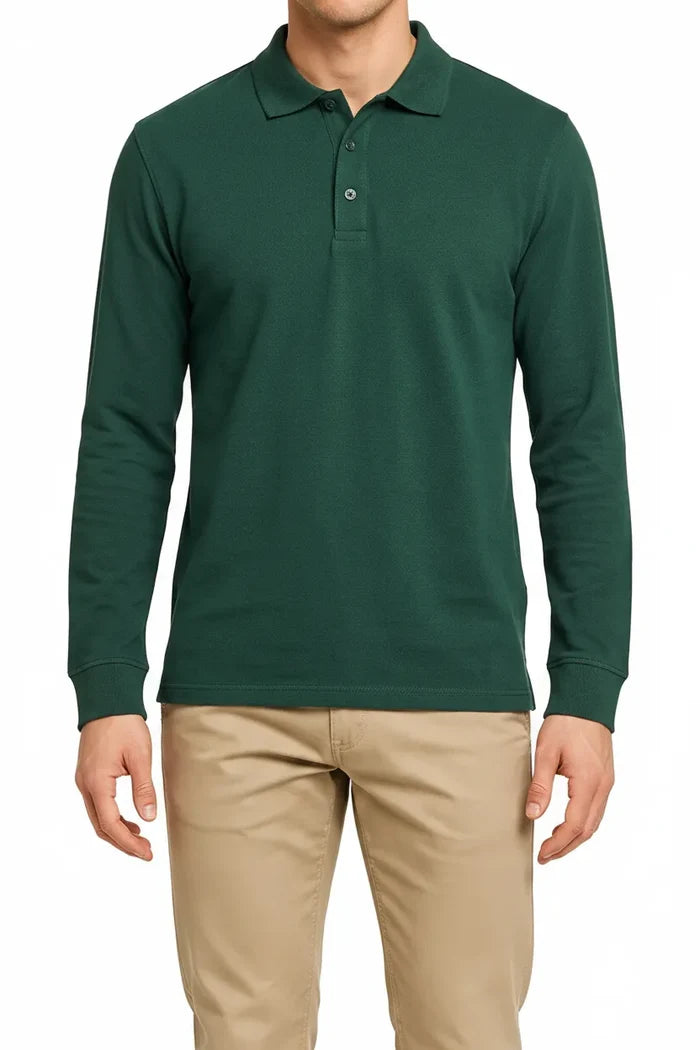 Men's Hunter Green Full Sleeve Cotton Pique Polo T-Shirt | Premium Pre-Winter Casual Polo