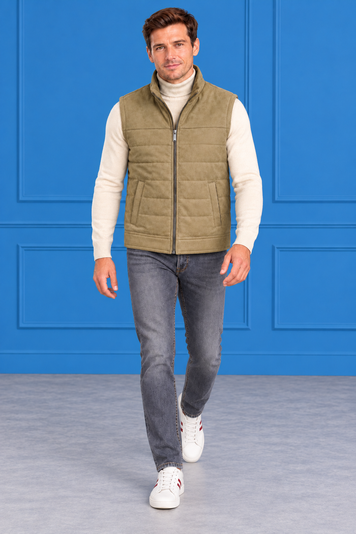 Men’s Khaki Quilted Knitted Suede Puffer Gilet – Regular Fit Full Zip Sleeveless Jacket